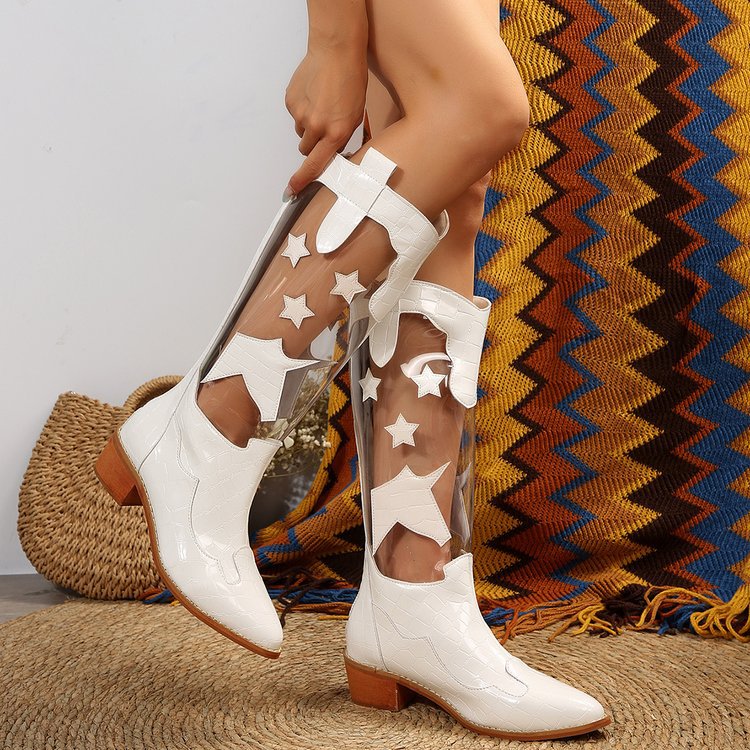 Damenschuhe Herbst und Winter neue hohe Stiefel Damen große Größe transparent fünfzackigen Stern niedrigen quadratischen Absatz Mode Damenstiefel_voghion.com