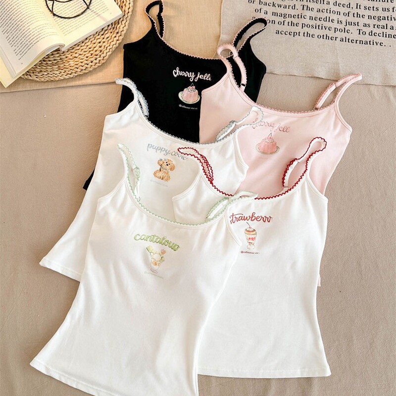 Sweet style, cute cartoon print, lace trim, sexy slim-fit camisole with chest pads, base top Sweet style, cute cartoon print, lace trim, sexy slim-fit camisole with chest pads, base top