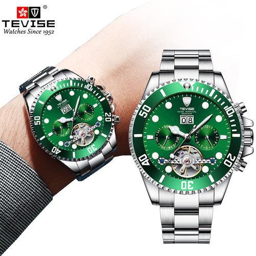 TEVISE Swiss Men's Watch Green Ghost Calendar Mechanical Watch High-end Simple Cross-border Waterproof Wristwatch