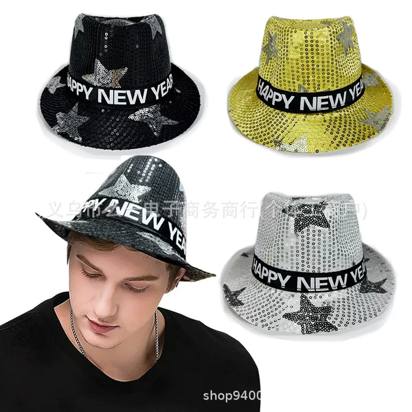 in stock New Year Party Sequin Topper Five-pointed Star HAPPY NEW YEAR Jazz Hat Carnival Performance Hat