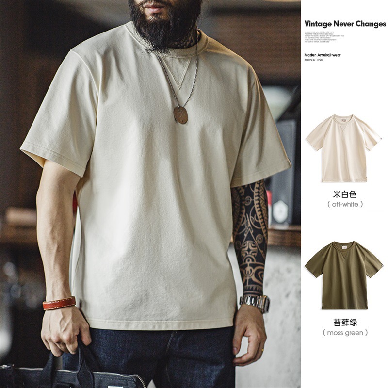 Retro beige solid short sleeve T-shirt with a round collar