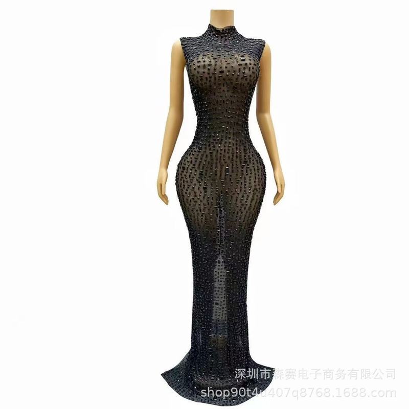 夏季新款晚礼服女长款钉钻修身显瘦舞会派对新娘结婚礼服连衣裙|undefined