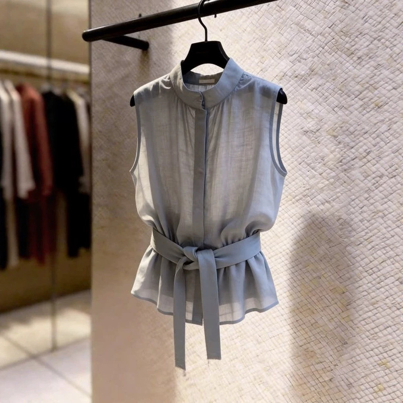 2026 Summer New Style Elegant Sleeveless Stand-Up Collar Tie-Up Sleeveless Shirt Waist-Cinching Vest for Women in Gray Slimming Top