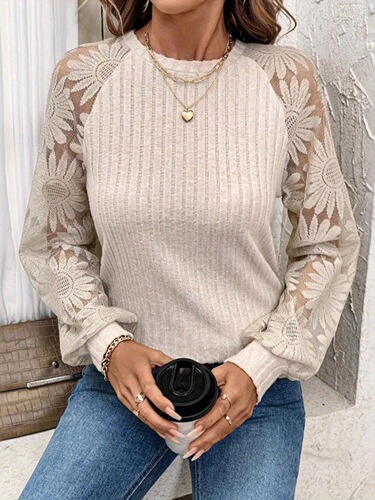 Women Basic Tops Casual Round Neck Lace Patchwork Long