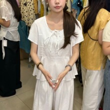 夏季女装新款韩系棉麻系带短袖小衫女1527