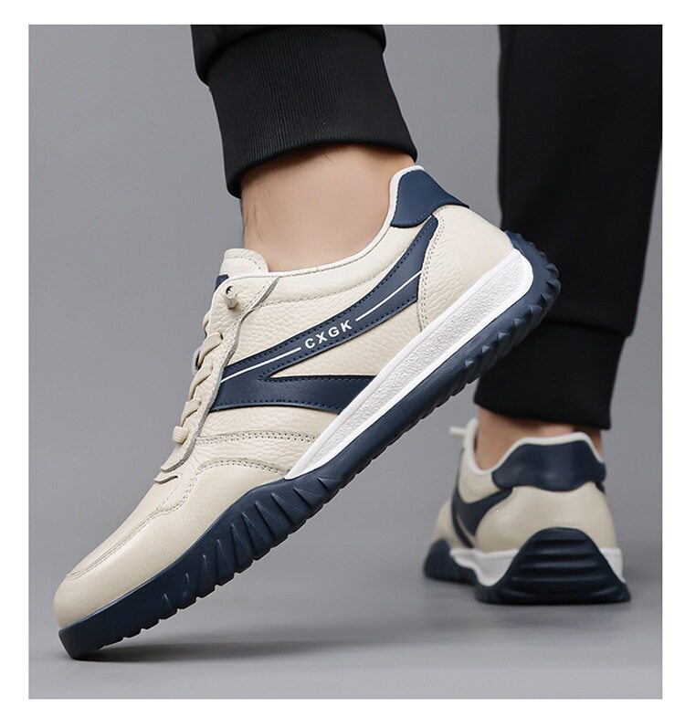 Giày thể thao nam da mềm đế mềm thoáng khí phối sọc, kiểu sneaker cổ thấp — màu trắng ngà, đen, Lớp đầu màu be 6002, Đen đầu lớp 6002 chi tiết 16