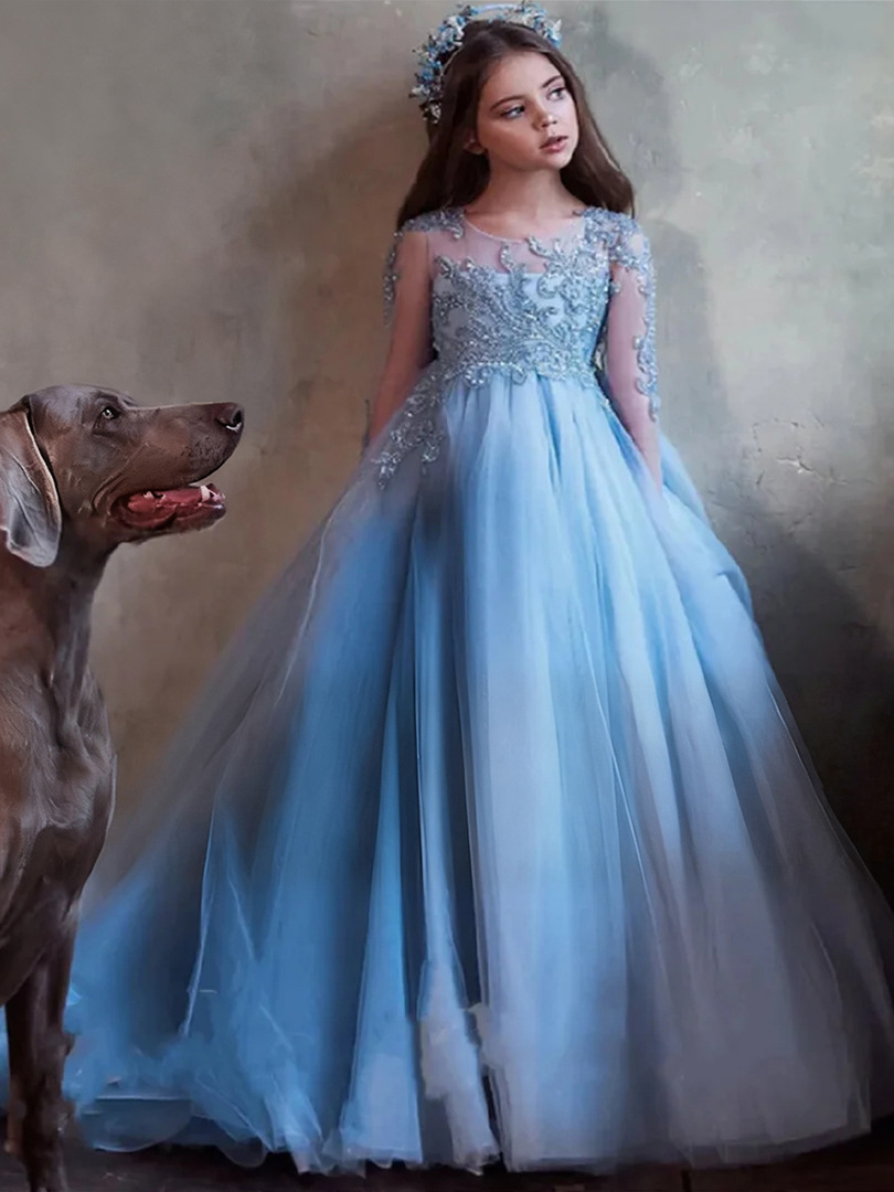 Abito elegante in tulle e pizzo a maniche lunghe per bambine_voghion.com