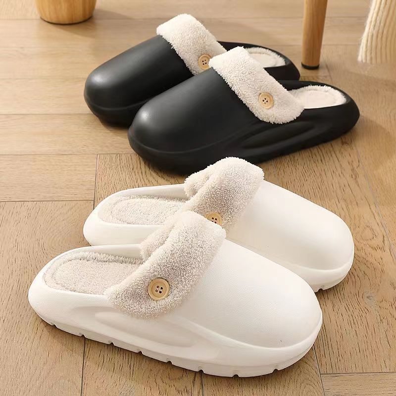 Cotton Slippers for Autumn and Winter, Women's Leather-Covered Thick-Soled Indoor Non-Slip Couple's Warm Slippers, Men's Household Closed-Back Integrated Kitchen Home Slippers