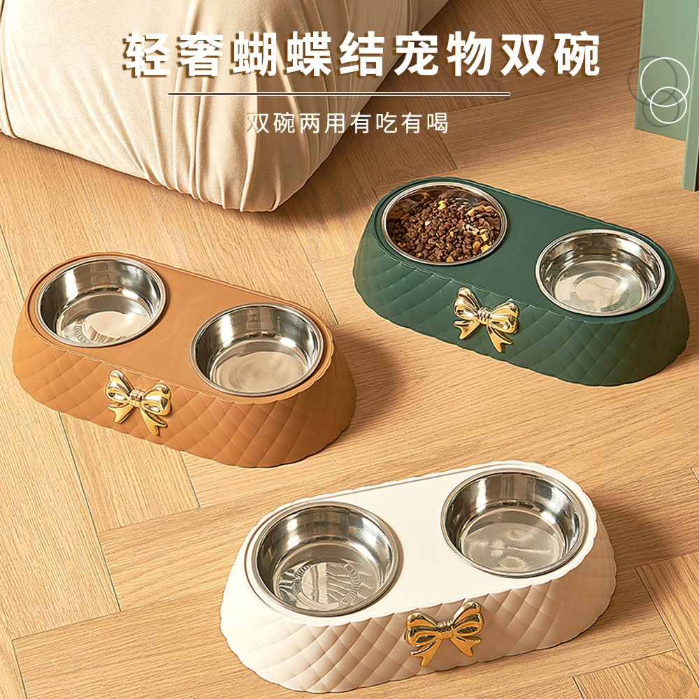 Suministros para mascotas Amazon nuevo arco mascota doble tazón de acero inoxidable perro tazón agua potable alimentación gato tazón al por mayor