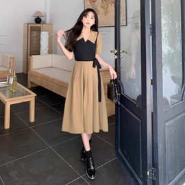 假两件法式POLO茶歇复古长裙大码夏季胖mm显瘦收腰赫本风连衣裙女