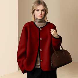 汉服女神范红色小香风毛呢外套女冬季2025年新款圆领气质呢子上衣