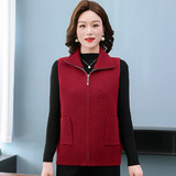 中老年女装春秋无袖外套翻领混纺针织拉链开衫大码宽松马甲上衣女，女装马甲，妃慕昵服饰