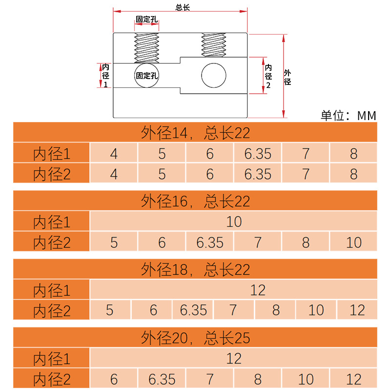 不锈钢刚性变径联轴器双孔电机马达模型传动转接头轴连接内径固定