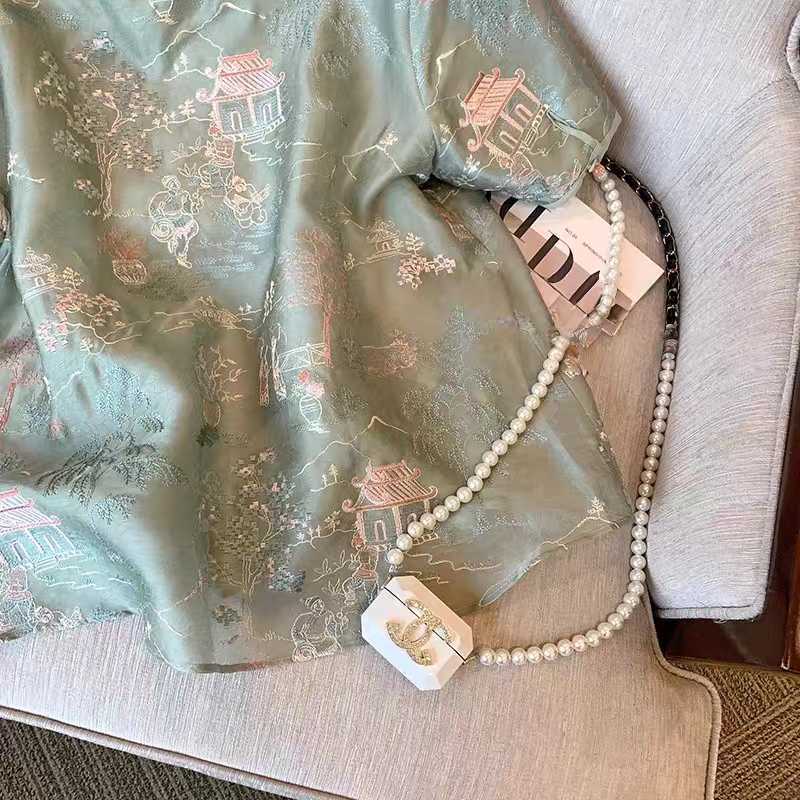 新しい中国風のグリーン刺繍ジャカード半袖シャツ女性の夏のレトロなスタイルのデザイン改良されたチャイナトップ|undefined