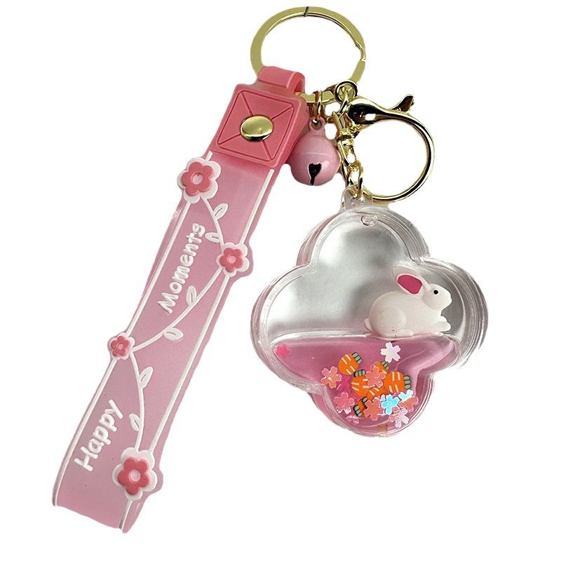 Colgante de llavero de conejo de botella de arena rosa, muñeca flotante creativa, decoración de mochila para niña, regalo exquisito para pareja