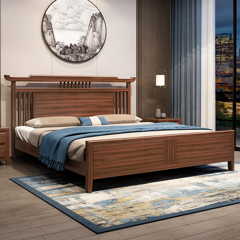 Ebony Solid Wood Bed New Chinese Style Solid Wood Single and Double Wedding Bed Home Light Luxury Bedroom Furniture Combination Set