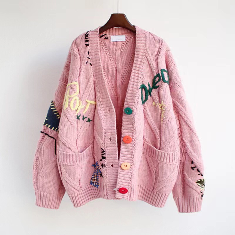 Maoning 秋と冬の新韓国スタイルニットルーズ重工業カラー刺繍ファッション V ネックミッドレングスセーター女性のジャケット|undefined
