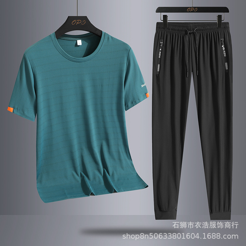 Conjunto casual de verano para hombre, de seda helada, de marca moderna, holgado, talla grande, de secado rápido, camiseta deportiva de dos piezas con pantalones largos.