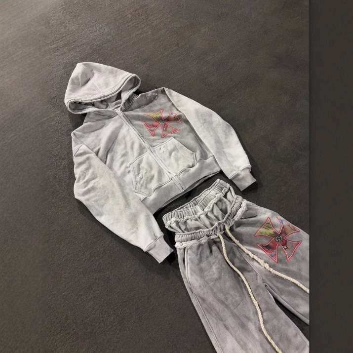 Cross-border retro americano impresión casual con cremallera encapuchado chaqueta otoño y invierno alta calle doble cintura falsa de dos pantalones set