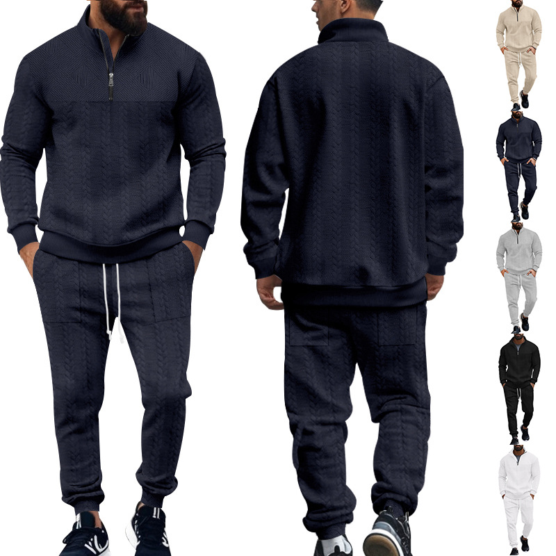 2025 Autumn/Winter European and American Men's Casual Sports Suit Jacquard Street Style Stand Collar Loose Fit Two-Piece Set