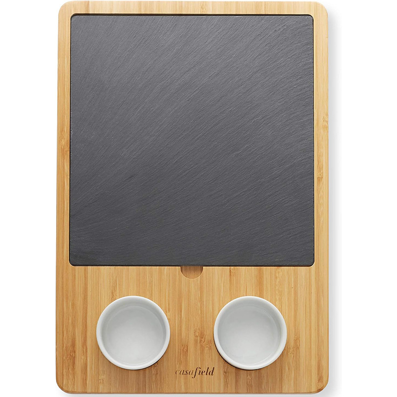 Ventas directas de fábrica nueva tabla de alimentos cocinados de Amazon bandeja de tabla de quesos de bambú bandeja de bocadillos tabla de cortar juego de bandeja de pizarra