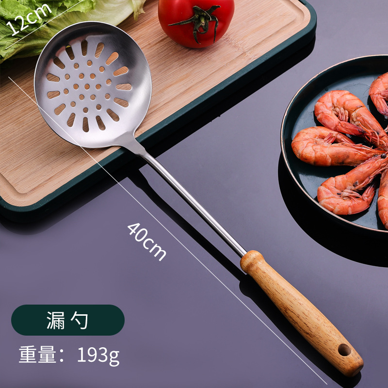304 de acero inoxidable espátula cocina del hogar mango de madera cocina pala de sopa cuchara freír pala utensilios de cocina traje de fábrica al por mayor