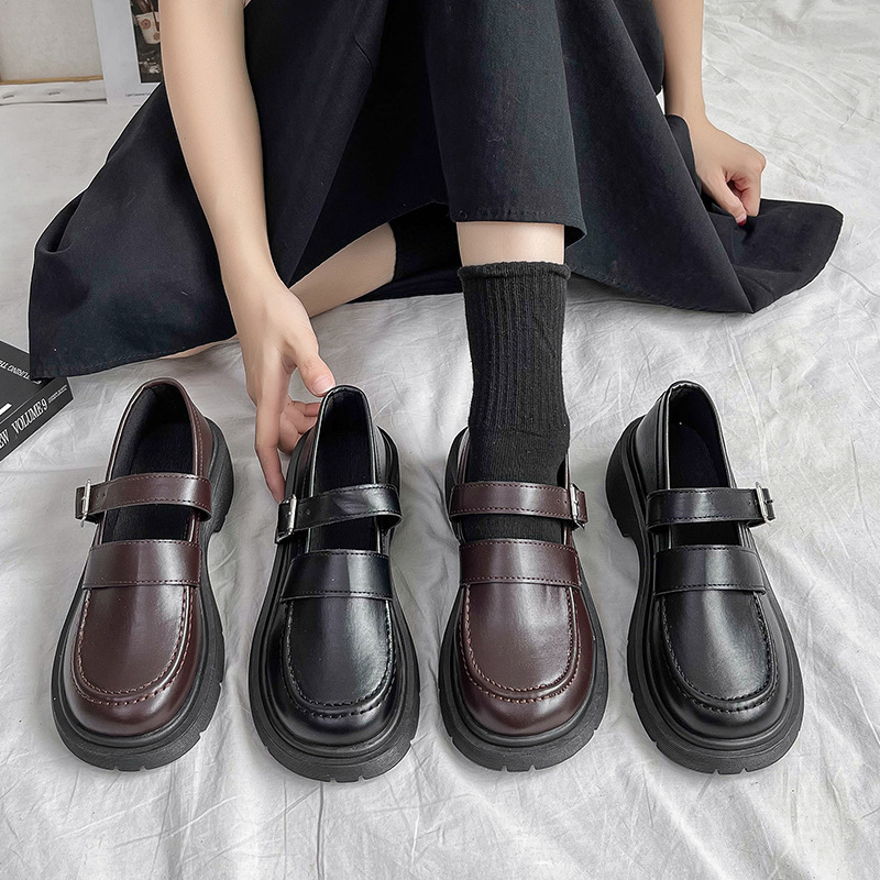 British-Style Women's Leather Shoes for Summer, Thin Style to Match Skirts, French-Style Thick-Soled Round-Toe Buckle Mary Jane Shoes, Jk Shoes, Japanese Style