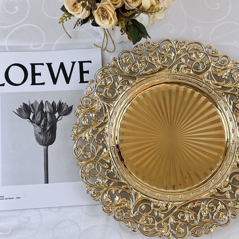 Foreign Trade Charger Plates European-Style Retro Hollow Carved Electroplated Plates High-End Hotel Restaurant Decorative Plates