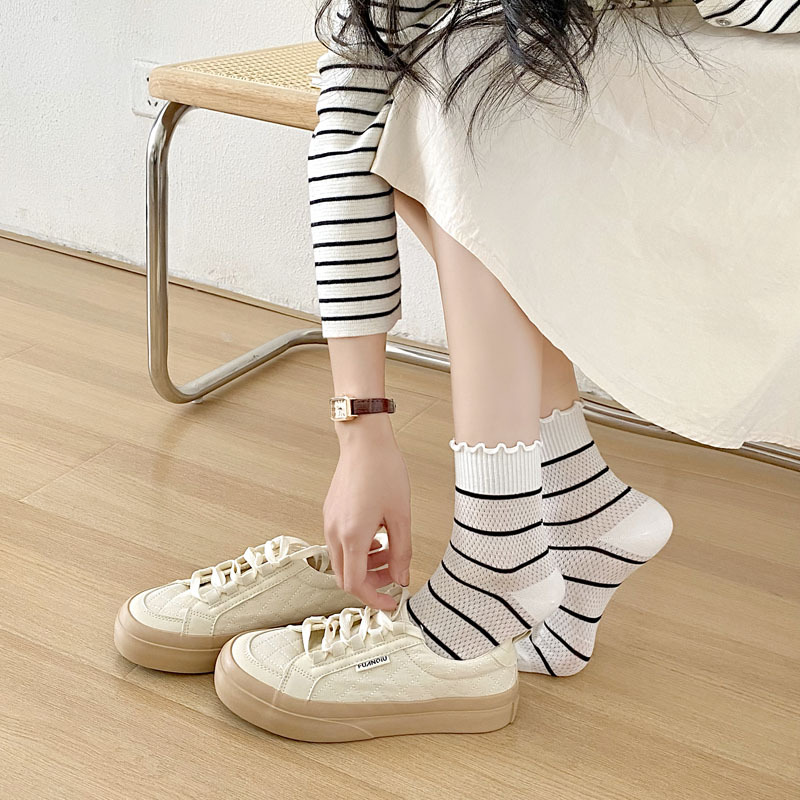 袜子女夏季网纹吸汗透气女士薄款木耳边竹纤维中筒蝴蝶结女袜批发