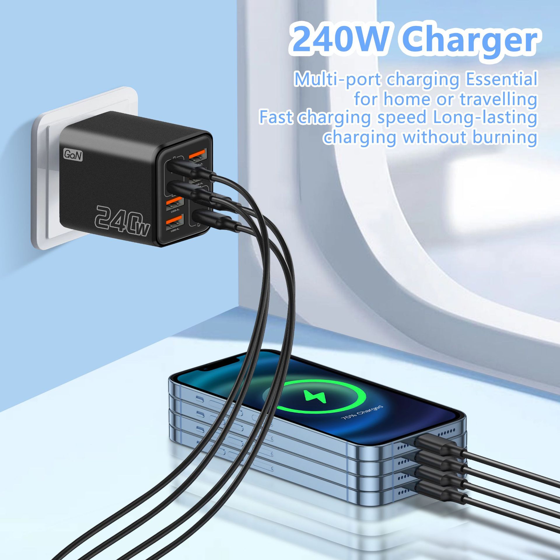 240W High-Quality Multi-Port PD Fast Charger, 4 USB-A & 4 Type-C Wall Adapter, US EU UK Universal Plug Charging Block For Smartphones_voghion.com