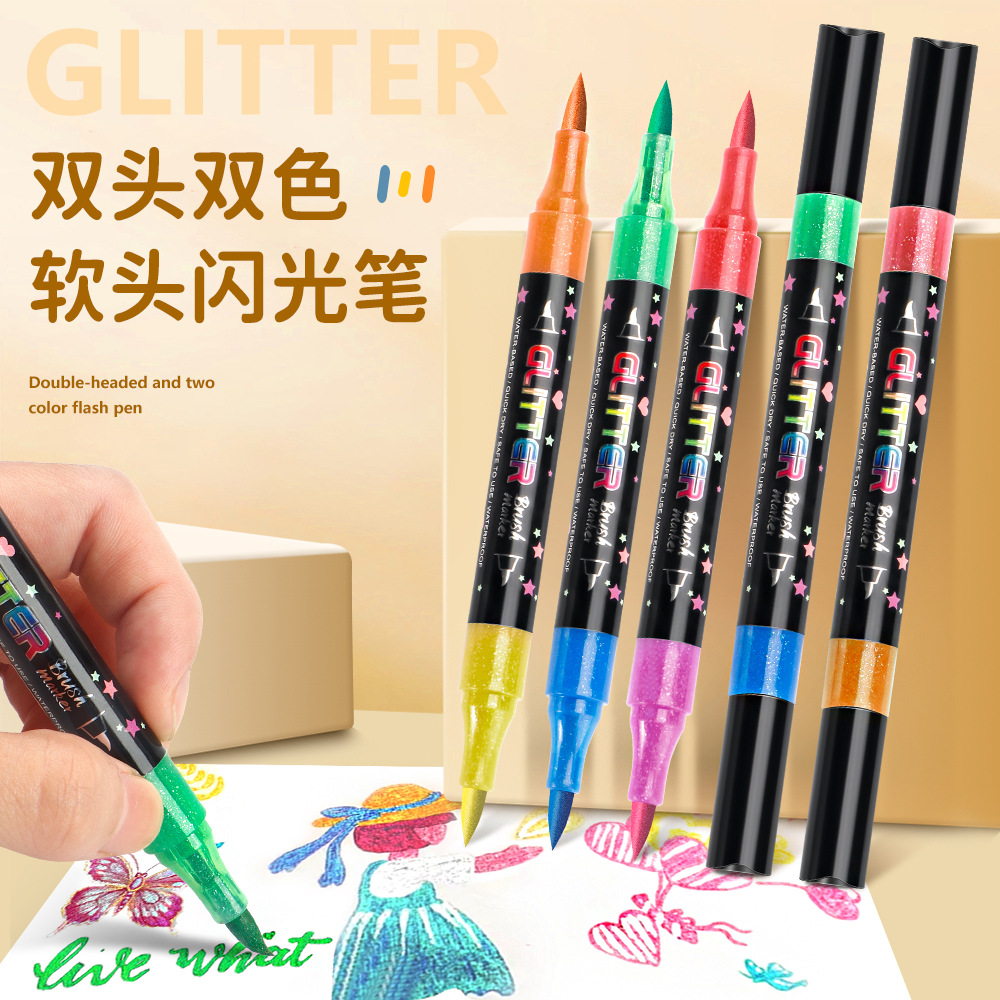 Rotulador de doble punta con purpurina de dos colores para estudiantes, dibujo artístico, rotulador de purpurina para diario, juego de rotuladores de doble punta suave de colores
