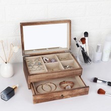 实木首饰盒双层女士珠宝首饰盒带镜子和戒指托盘的木制展示复古盒