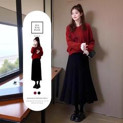 2025超火秋冬女装赤い新年服軍服高級感着半身スカート2点セット