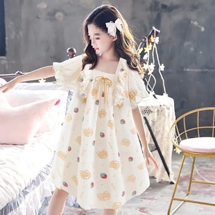 Girls Nightgown, Kidsren's Pajamas, Summer Princess Style Pure Cotton Little Girl Summer Thin Cute Medium and Large Kidsren's Home Clothes