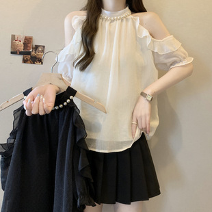 2025 plus size Women's chubby girl Elegant Neck-hanging Shoulder French Slim Chiffon Shirt Summer Thin Top