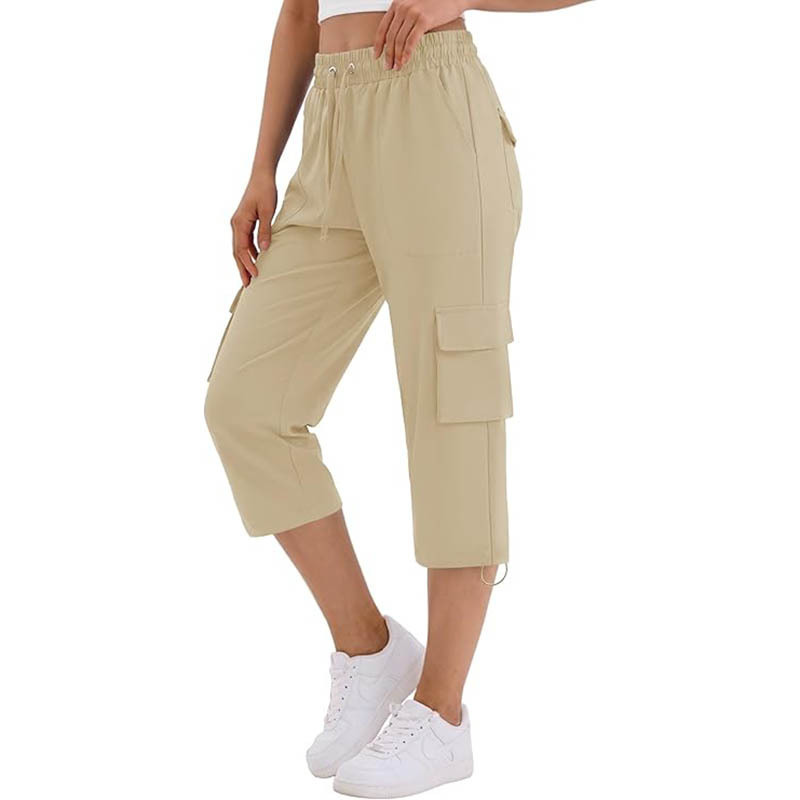 26 Popular European and American Women's Casual Workwear Multi-Pocket Pants, Comfortable Loose Fit with Elastic Waist and Drawstring, Straight-Leg Cropped Pants