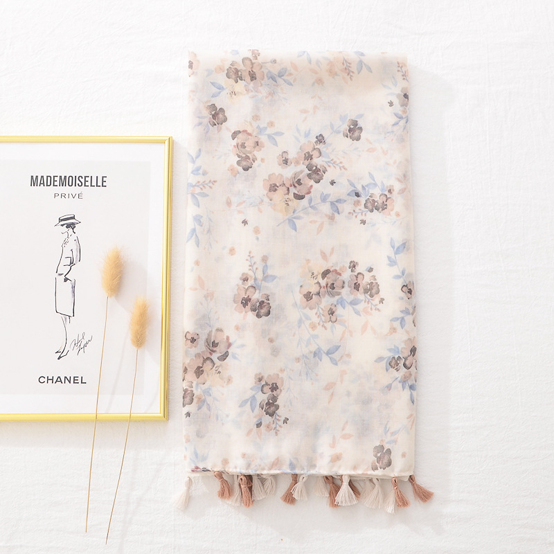 Bufanda de borla de hilo floral fresco artístico de estilo japonés 2021 Nueva bufanda beige elegante de algodón y lino
