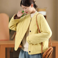 古咖服饰冬季文艺纯色简约夹棉外套女复古抽绳摆圆领加厚保暖棉衣