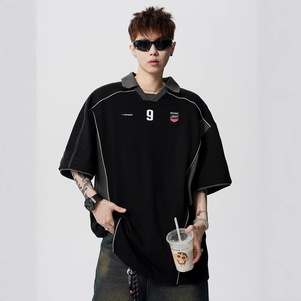 Summer New American Retro Design Contrasting Color Splicing Short-Sleeved T-Shirt Men's Loose Sports Couple Polo Tops
