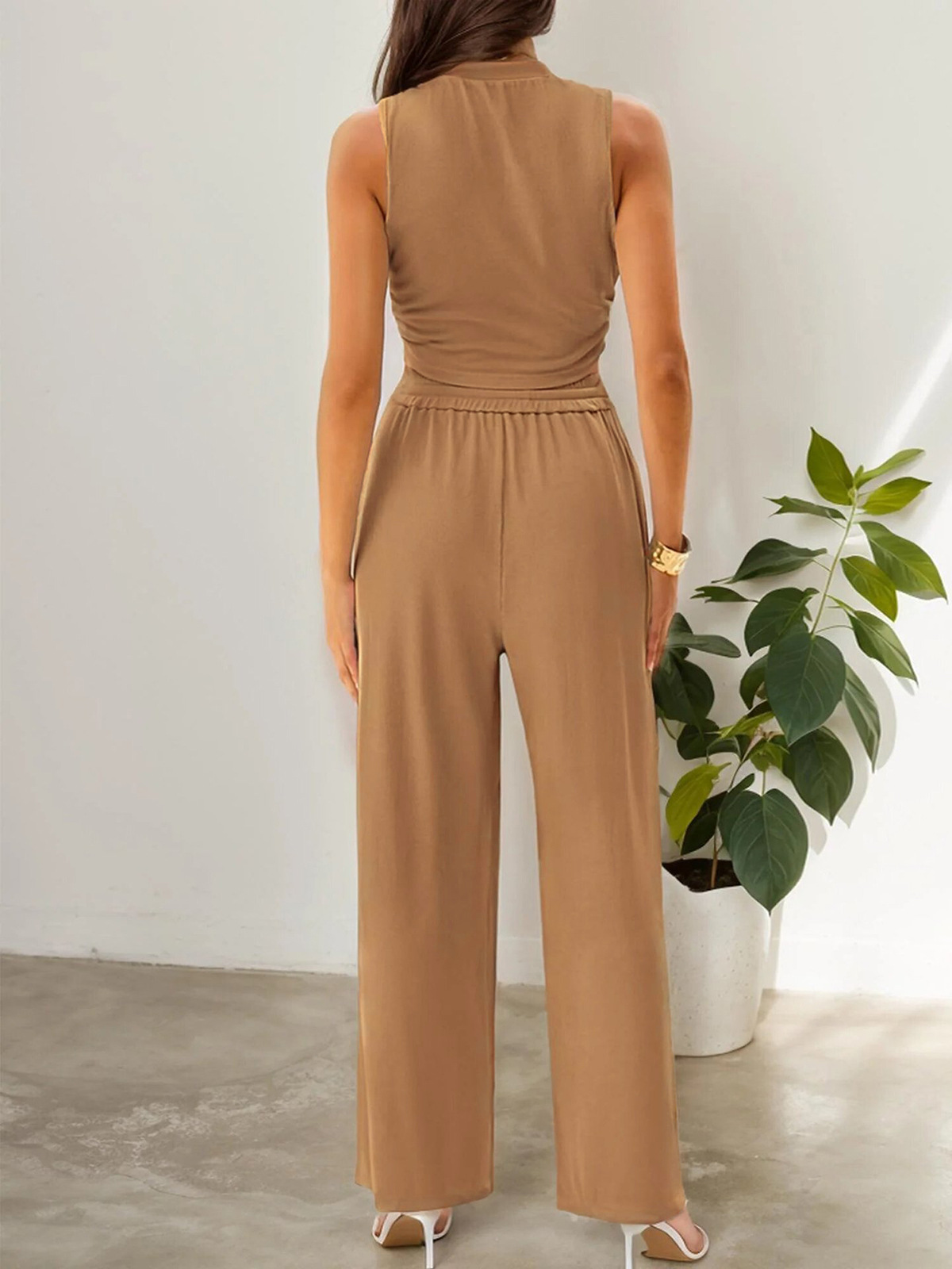 Women's Clothing Summer Leisure Suit Sleeveless Round Neck Short Slim Fit Top Wide Leg Pants Two Piece Suit_ecoleips.com