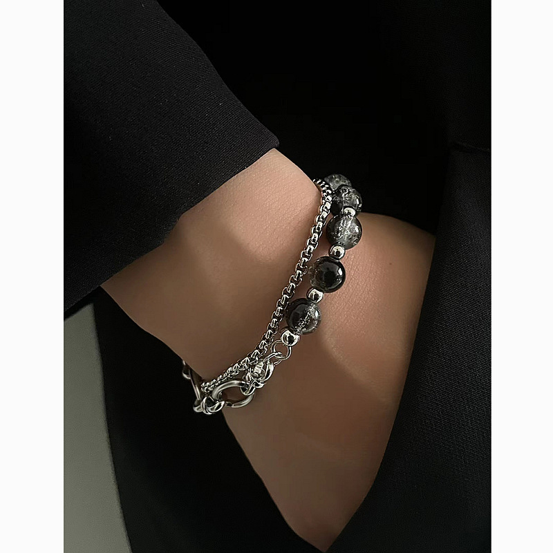Original Design Titanium Steel Splicing Bracelet for Men and Women Street Niche Hip-Hop Double-Layer Chain Cracked Beads Beaded Hand Chain Original Design Titanium Steel Splicing Bracelet for Men and Women Street Niche Hip-Hop Double-Layer Chain Cracked Beads Beaded Hand Chain