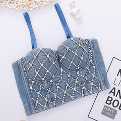 Cross-border Amazon best-selling denim tube top with padded bra and shaping top with beautiful back and beaded camisole for women