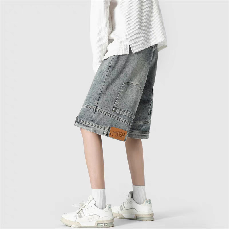 American Style Design Sense Inverted Denim Shorts Men's 2024 Summer New Washed Retro Five-point Casual Sports Pants