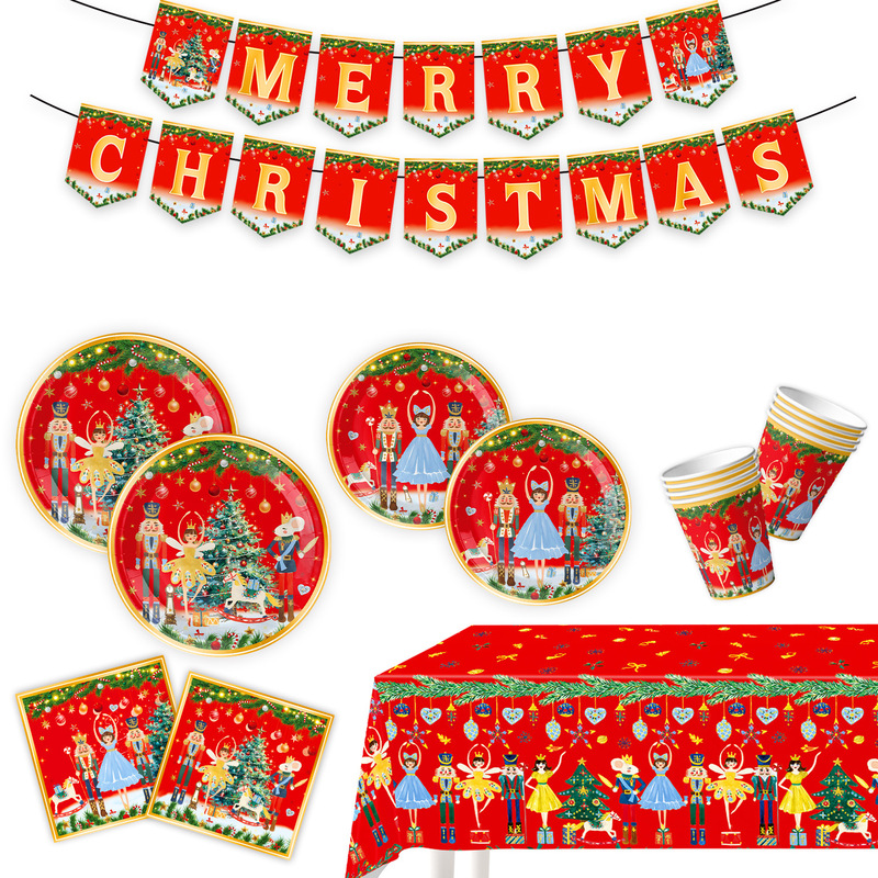Cross-Border Christmas Theme Party Nutcracker Tableware Disposable Paper Plates Paper Cups Flag Decoration Supplies