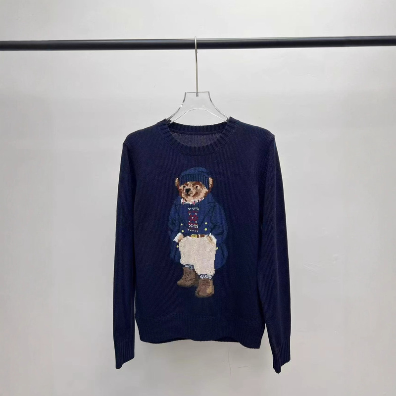 2025 R.L Autumn and Winter New Wool Blended Cartoon Bear Round Neck Preppy Age-Reducing Versatile Sweater Women's Long Embroider