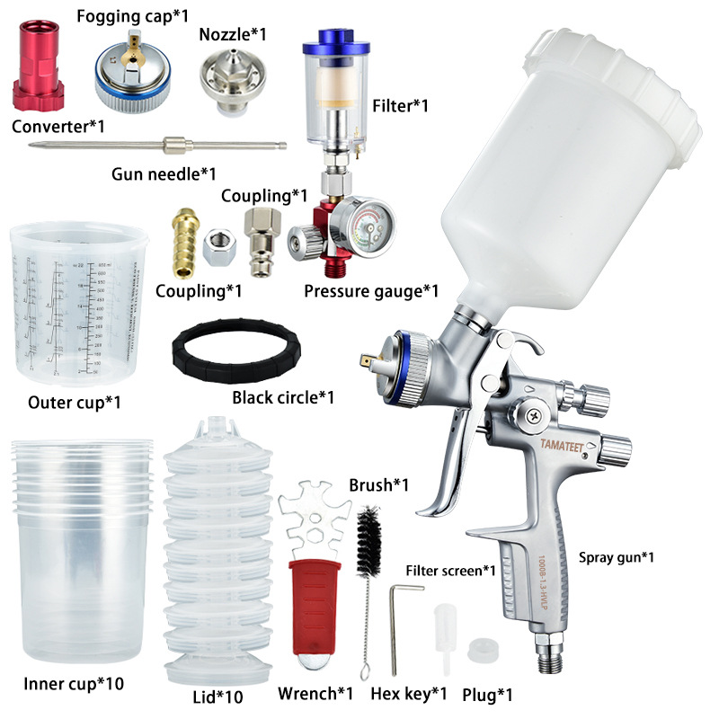 1000B 스프레이 건 1.3mm/1.7mm, 압력 조절 게이지 유수 분리기 세트 포함