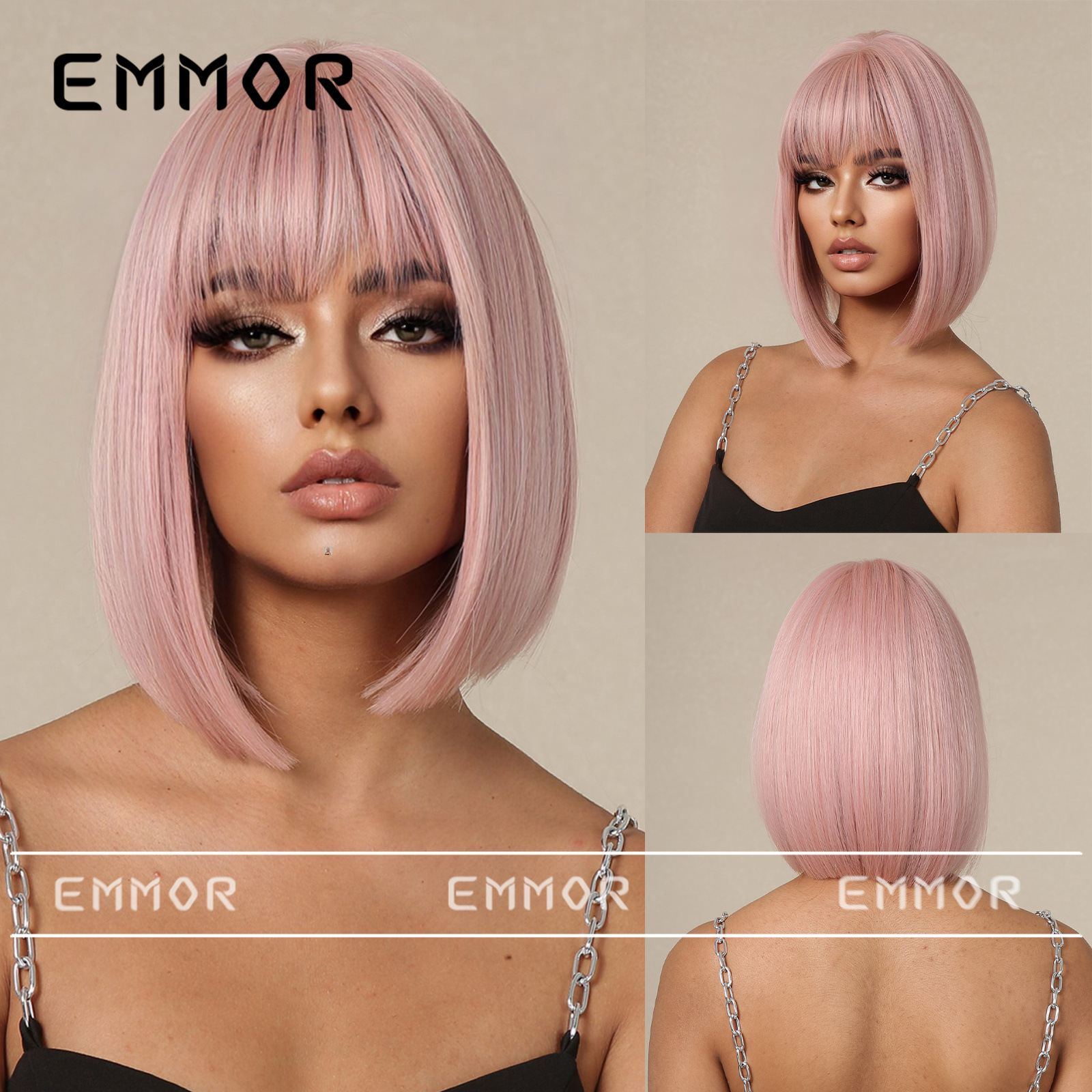 Peluca de pelo corto femenino flequillo recto flor de cerezo Rosa pelo recto onda cabeza alta Cráneo temperamento superior estilo europeo y americano conjunto de peluca superior completa