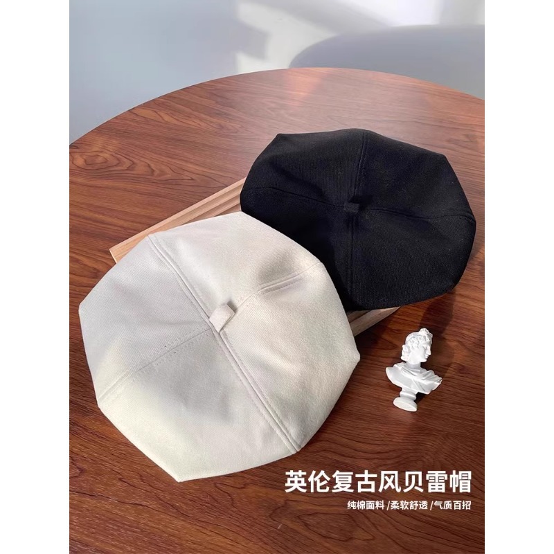 Boina femenina primavera y otoño coreano en línea japonés sombrero negro de ocho ángulos cabeza grande cara redonda retró pintor sombrero marca de moda