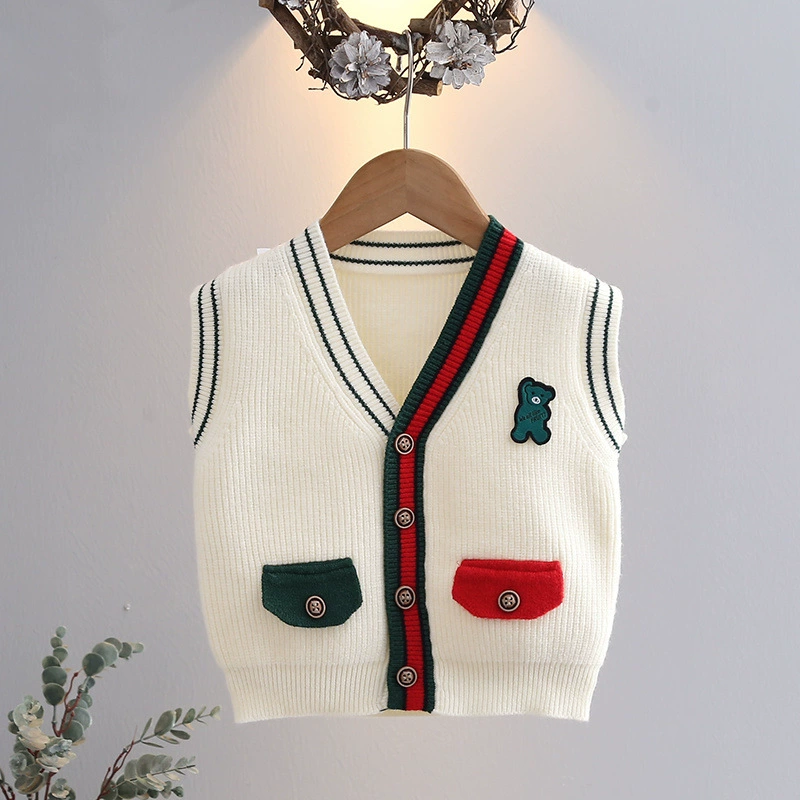 Детский свитер-жилет кардиган модный 2025 осень новый стиль V-образный вырез вязаный жилет для мальчиков и девочек с пуговицами Y