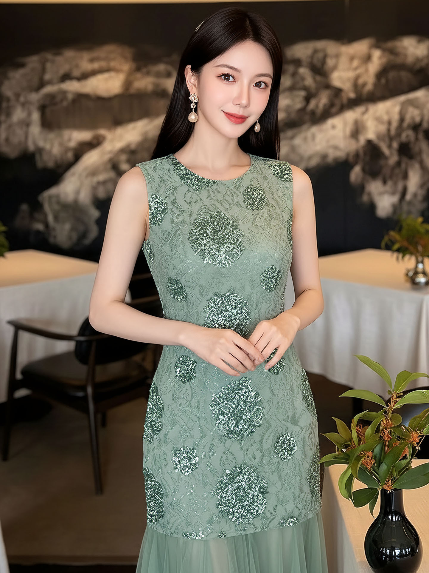 Đầm maxi nữ thắt eo họa tiết hoa nhí tay không cổ tròn — Xanh lá cây nhạtcolor